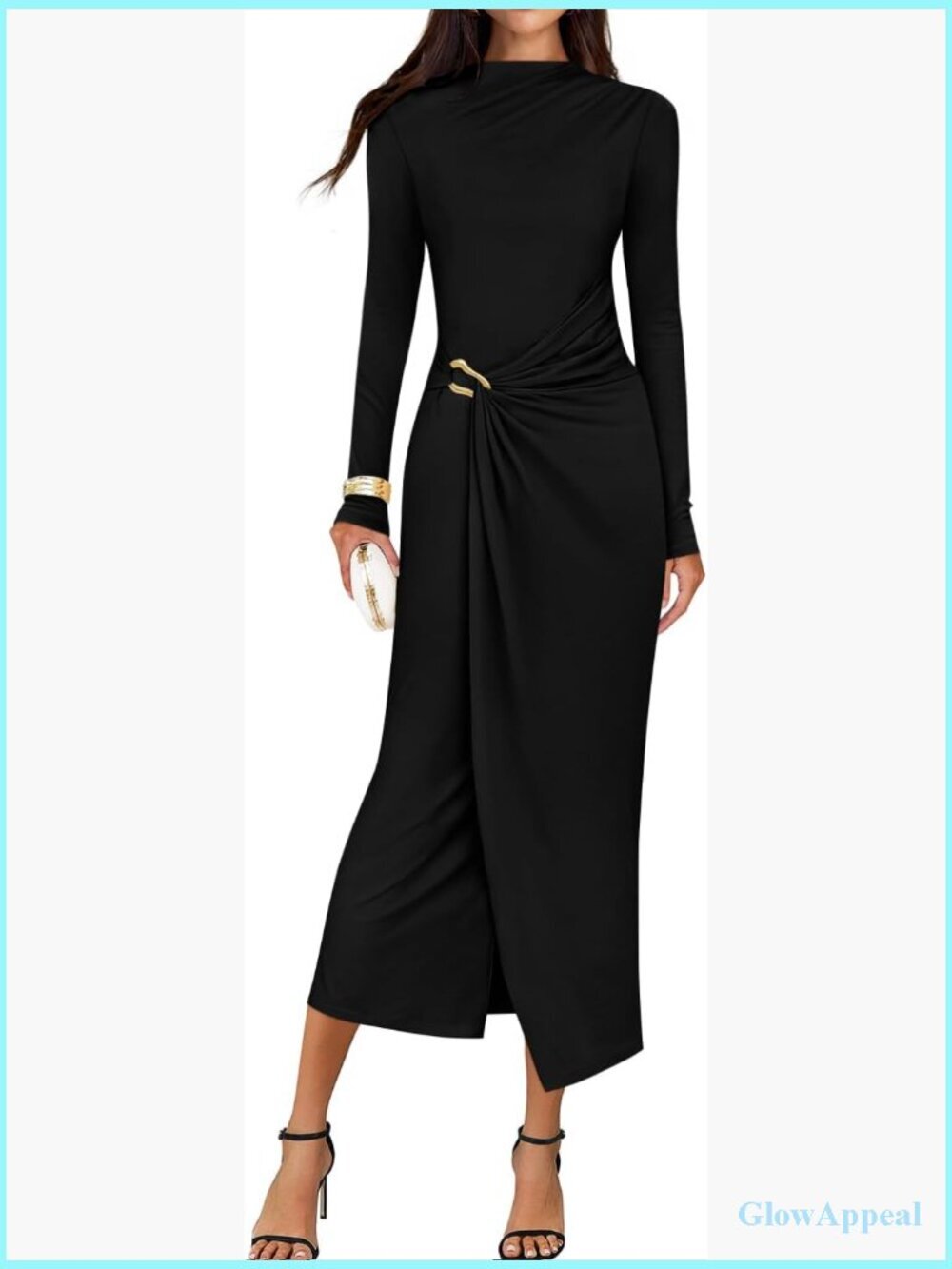 Women's Long Sleeve Bodycon Midi Dress Mock Neck Ruched Cocktail Party Wedding
